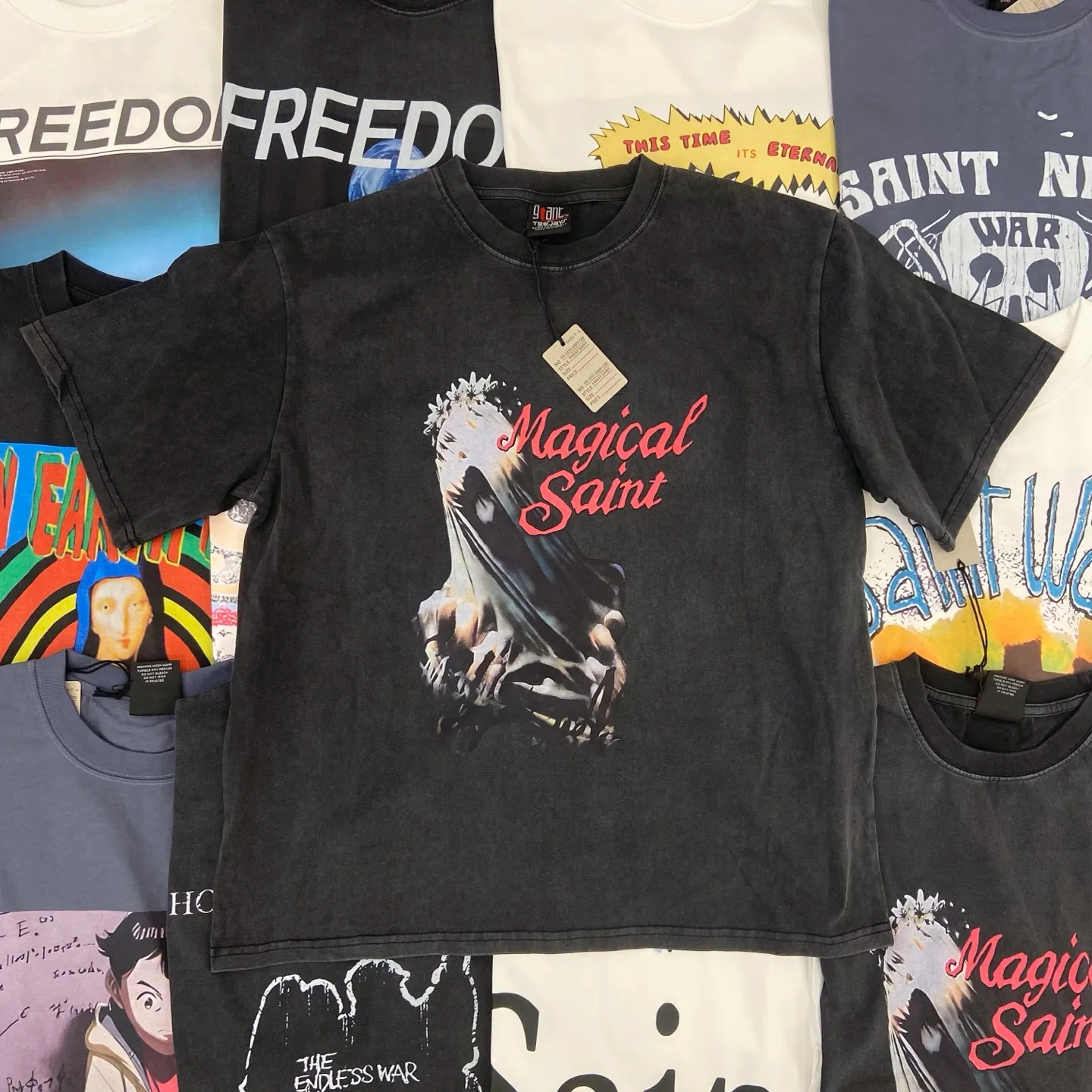 Saint Michael series of new American retro washed and distressed niche printed pure cotton loose short-sleeved T-shirts with digital white ink direct injection, breathable fabrics and three-dimensional and clear patterns. Fabric: Double yarn 240g Size: S-M-L-XL